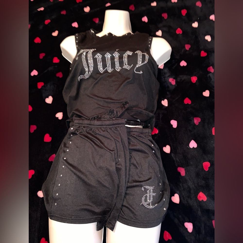Juicy Couture Black Rhinestone Logo Crop Top & Shorts Set Large